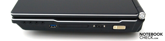 Right: Four audio out, USB 3.0, 54mm ExpressCard, eSATA, DVI