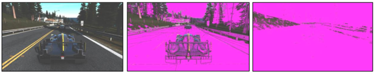 Example for the color compression of a gaming scene. The second picture shows the compressed surfaces of Maxwell in magenta. The third picture shows Pascal can compress even more parts of the picture.