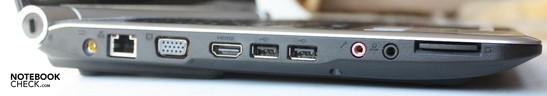 Left: 5-in1 cardreader, 3.5 mm headphone-out with S/PDIF, microphone-in, 2x USB 2.0, HDMI, VGA, LAN, DC-in, Kensington lock