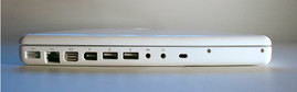 Left: Gigabit LAN, MiniDVI, Firewire 400, 2x USB 2.0, audio input (optical / analogue), audio output (optical / analogue), Kensington Lock