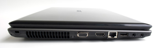 Left: Kensington lock, VGA, HDMI, LAN, USB, audio