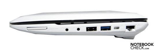 Right: card reader, line in, line out, USB 2.0, USB 3.0, Kensington lock, LAN