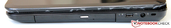Right side: DVD-RW drive, USB 2.0, power jack, Kensington lock slot Right side: DVD-RW drive, USB 2.0, power jack, Kensington lock slot