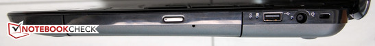 Right: Kensington lock, power, USB 2.0, optical drive