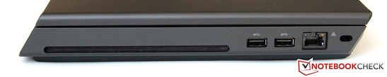 Right side:  DVD writer, 2x USB 2.0, LAN, Kensington Lock