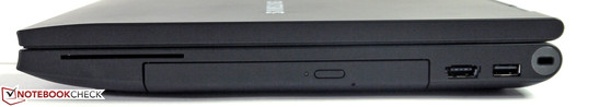 Right: Smart Card reader, optical drive, eSATA/USB 2.0 combo port, USB 2.0, Kensington lock