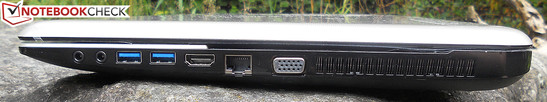 Right: Audio jacks, 2x USB 3.0, HDMI, RJ45, VGA, vent