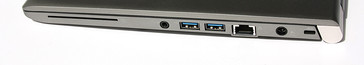 Right: Smartcard, audio combo jack, 2x USB 3.0, LAN, power-in, Kensington Lock
