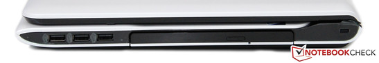 Right side: 3x USB 2.0, DVD drive, Kensington Lock Right side: 3x USB 2.0, DVD drive, Kensington Lock