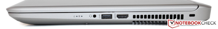 Right: Headsetjack , USB 3.0, HDMI, vent, Kensington Lock