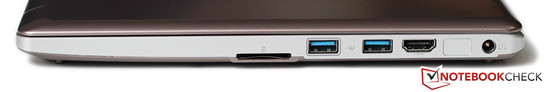 Right side: SD card reader, 2x USB 3.0, HDMI, Power outlet