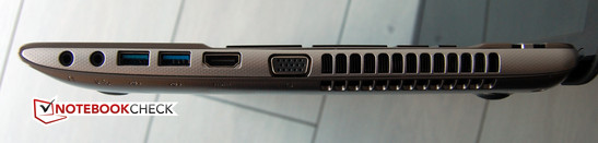 Right: VGA, HDMI, 2x USB 3.0, 2x 3.5 mm jacks