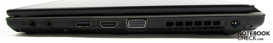 Right: audio in/out, USB 2.0, HDMI, VGA, DC-in Right: audio in/out, USB 2.0, HDMI, VGA, DC-in