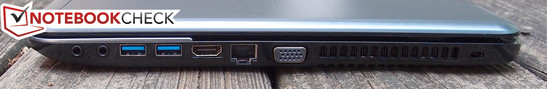 Right: Headphone, microphone, USB 3.0 x 2, HDMI, 10/100 Ethernet, VGA, Kensington lock