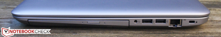 Right: Optical drive, 3.5-mm jack, 2x USB 2.0, Ethernet, Kensington Lock