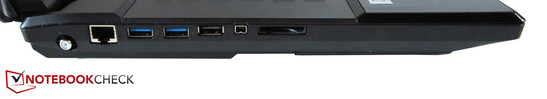 Left: Antenna, RJ-45 Gigabit-Lan, 2x USB 3.0, USB 2.0, Firewire, 9-in-1-card-reader Left: Antenna, RJ-45 Gigabit-Lan, 2x USB 3.0, USB 2.0, Firewire, 9-in-1-card-reader