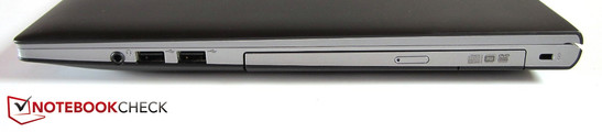 right side: 3.5 mm jack, 2x USB 2.0, optical drive, Kensington lock