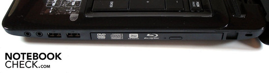 Right side: 2x Sound, 2x USB 2.0, optical drive, Kensington security slot