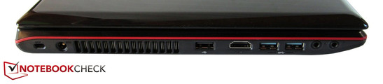 Left side: Kensington Lock, power outlet, USB 2.0, HDMI, 2x USB 3.0, 2x sound