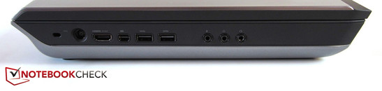 Left side: Kensington Lock, power, HDMI, mini DisplayPort, 2x USB 3.0, 3x sound