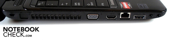 Left: Kensington Lock, VGA, HDMI, RJ-45 Fast Ethernet LAN, eSATA/USB 2.0 combo, microphone, headphone