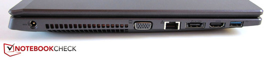 Left side: power jack, VGA, RJ-45 Gigabit LAN, eSATA / USB 3.0, HDMI, USB 3.0