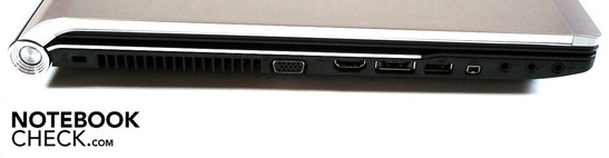 Left: Kensington lock slot, VGA, HDMI, eSATA/USB, USB, FireWire, 3x Sound Left: Kensington lock slot, VGA, HDMI, eSATA/USB, USB, FireWire, 3x Sound