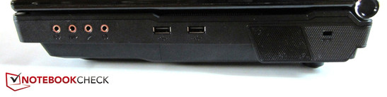 Right: 4x audio, 2x USB 2.0, Kensington lock