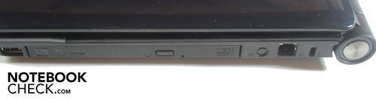 Right: USB 2.0, DVD burner, RJ-11 modem, Kensington Lock Right: USB 2.0, DVD burner, RJ-11 modem, Kensington Lock