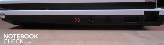 Right: antenna, audio ports (headphones, microphone), USB 2.0, RJ-45 LAN Right: antenna, audio ports (headphones, microphone), USB 2.0, RJ-45 LAN