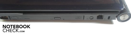 Right: USB 2.0, DVD burner, RJ-11 modem, Kensington Lock