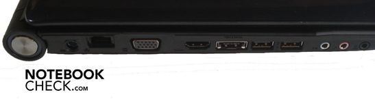 Left: power supply, RJ-45 Gigabit LAN, VGA, HDMI, eSATA/USB combo, 2x USB 2.0, 3x sound Left: power supply, RJ-45 Gigabit LAN, VGA, HDMI, eSATA/USB combo, 2x USB 2.0, 3x sound