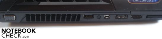 Left: VGA, USB 2.0, Firewire, eSATA, HDMI, Express Card, 8-in-1 cardreader