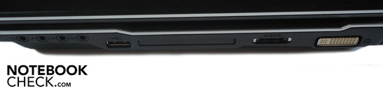 Right: 4x audio, USB 2.0, 54mm ExpressCard, eSATA, DVI