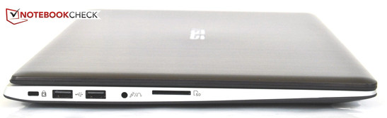 Left: Kensington, 2x USB 2.0, headphone/microphone combination, SD card reader