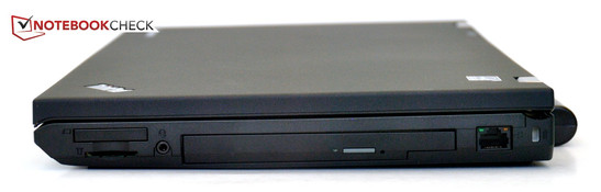 Right: ExpressCard34, card reader (SD, SDHC, SDXC, MMC), audio, ultra-bay, Gigabit LAN