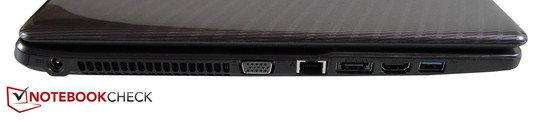 Left side: AC power, VGA, LAN, eSATA/USB 3.0, HDMI, USB 3.0