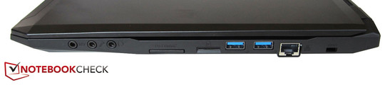 Right side: 3x sound, card reader, SIM, 2x USB 3.0, RJ45-LAN, Kensington Lock