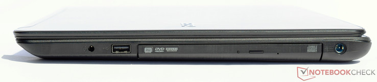 Right: 3.5-mm combo jack, USB 2.0, DVD-RW drive, power-in