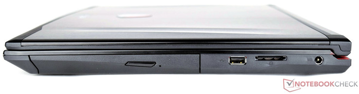 Right side: DVD drive, USB 2.0, SD card reader, power-in