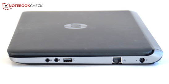Right HP ProBook 430 G1: headphone out, microphone in, USB 2.0, Ethernet port, power socket