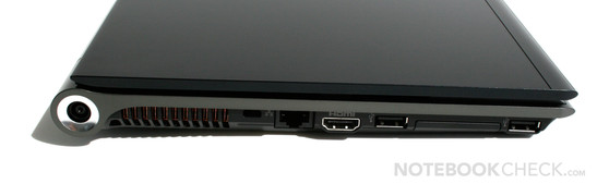 Left: DC-in, Kensington, gigabit LAN, HDMI, USB, Expresscard 34mm, USB