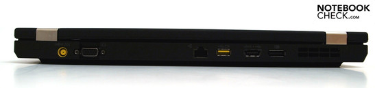 Back: DC-in, VGA, RJ45, powered USB; e-SATA-USB combination, display port, vent