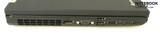 Left: Fan, display port, VGA, two USBs, USB/eSATA combo, FireWire, WiFi main switch