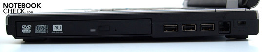 Right side: opt. drive, 3xUSB-2.0, RJ-11 (modem), Kensington Lock Right side: opt. drive, 3xUSB-2.0, RJ-11 (modem), Kensington Lock