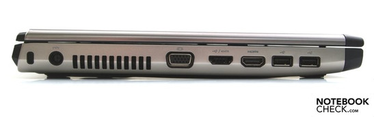 Left: Kensington security slot, DC-in, fan, VGA, USB/eSATA combo, HDMI, 2 USB 2.0s