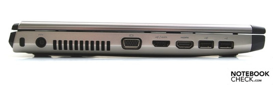 Left: Kensington security slot, DC-in, fan, VGA, USB/eSATA combo, HDMI, 2 USB 2.0s Left: Kensington security slot, DC-in, fan, VGA, USB/eSATA combo, HDMI, 2 USB 2.0s