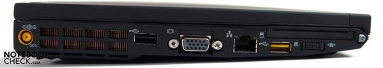 Left: Power socket, USB 2.0, VGA, LAN, USB 2.0, ExpressCard/54, main Wi-Fi switch