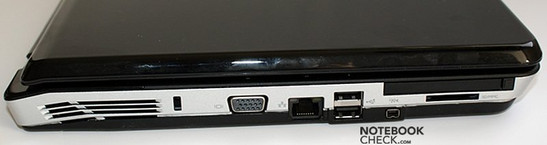 Left Side: Vent Holes, Kensington Lock, VGA, LAN, 2x USB, PCMCIA, CardReader, FireWire