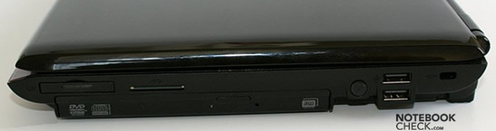 Right Side: ExpressCard34, CardReader, Optical drive, 2x USB, Kensington Lock